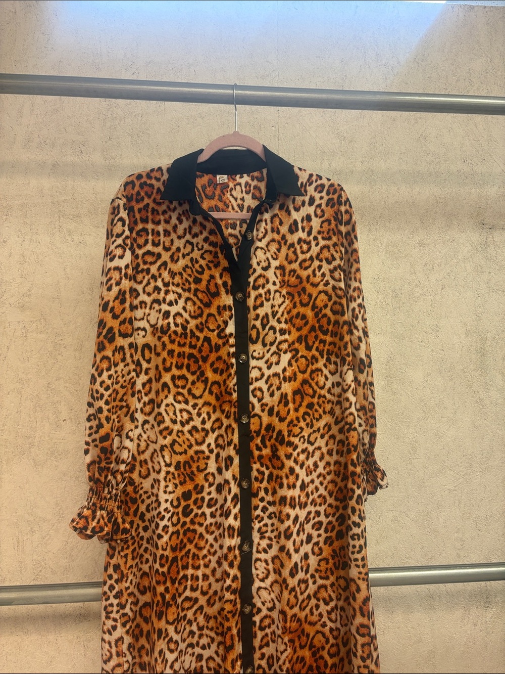 Leopard Print Long Sleeve Maxi Shirt Dress - Brown Leopard - Picture 2 of 4